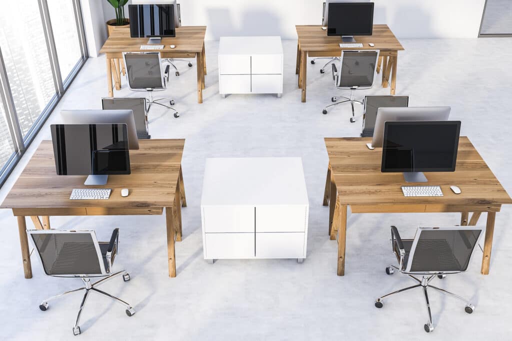 Top View Of White Open Space Office Or Classroom