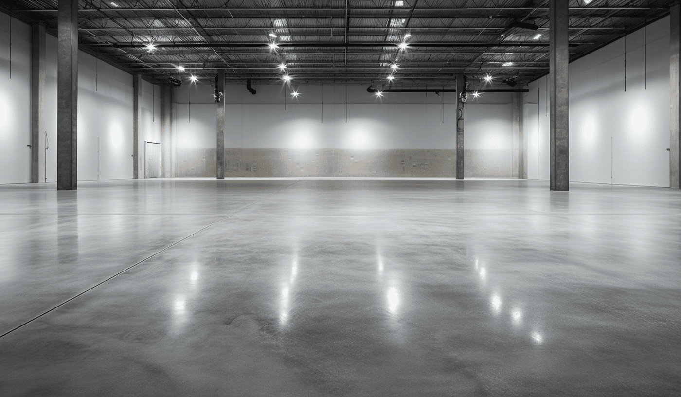 an empty warehouse with polished concrete flooring